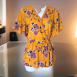Sienna Sky Popover Top L Gold Floral Flutter Sleeve Peplum Elastic Waist w/ Tie